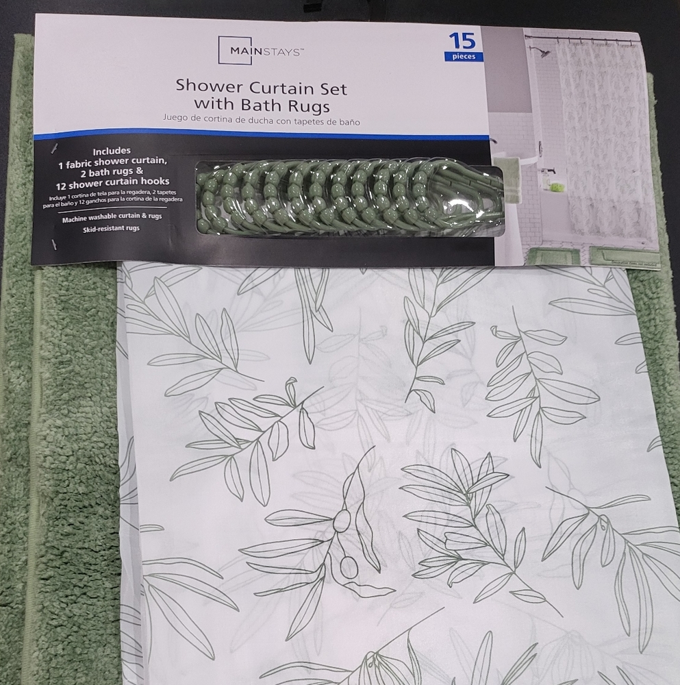 15pc Shower Curtain & Bathroom Accessory Set, Green & White - Picture 1 of 13